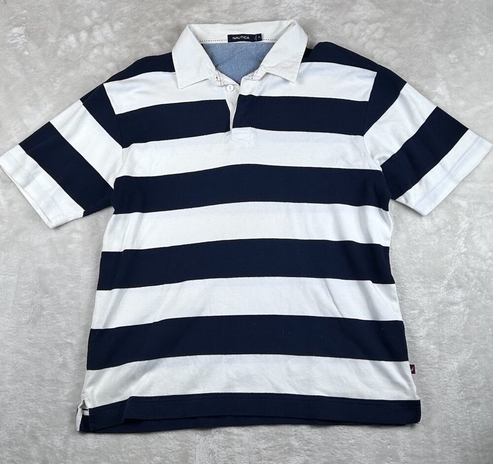 Nautica Polo Men's XL Navy Blue Striped Short-sleeve Cotton Rugby Collar Preppy